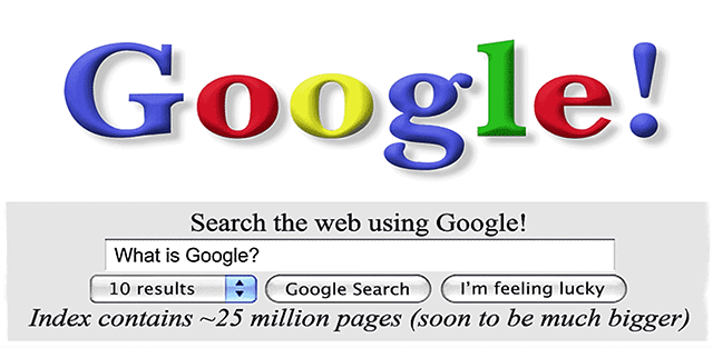 търсачката google през 1998 г.